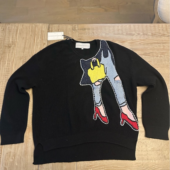 Michaela Beurger Black Knit Sweater w Woman’s Legs Embroidered On - NWT Size M